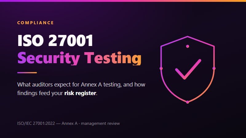 ISO 27001 security testing - shield with checkmark referencing ISO/IEC 27001:2022 Annex A and management review