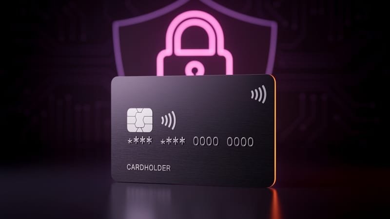 PCI DSS 4.0 penetration testing - credit card with security shield motif on a dark moody background