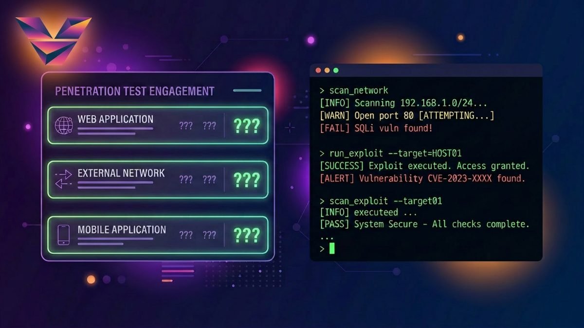 Penetration test engagement pricing table alongside a security testing terminal
