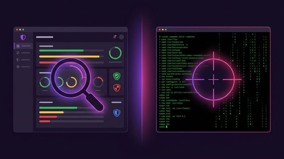Split-screen comparing vulnerability scanning dashboard with manual penetration testing terminal