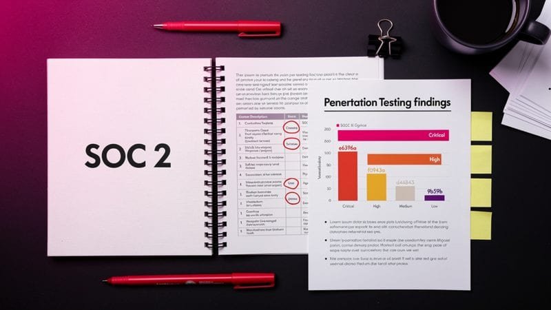 SOC 2 audit report and penetration testing findings on a dark desk