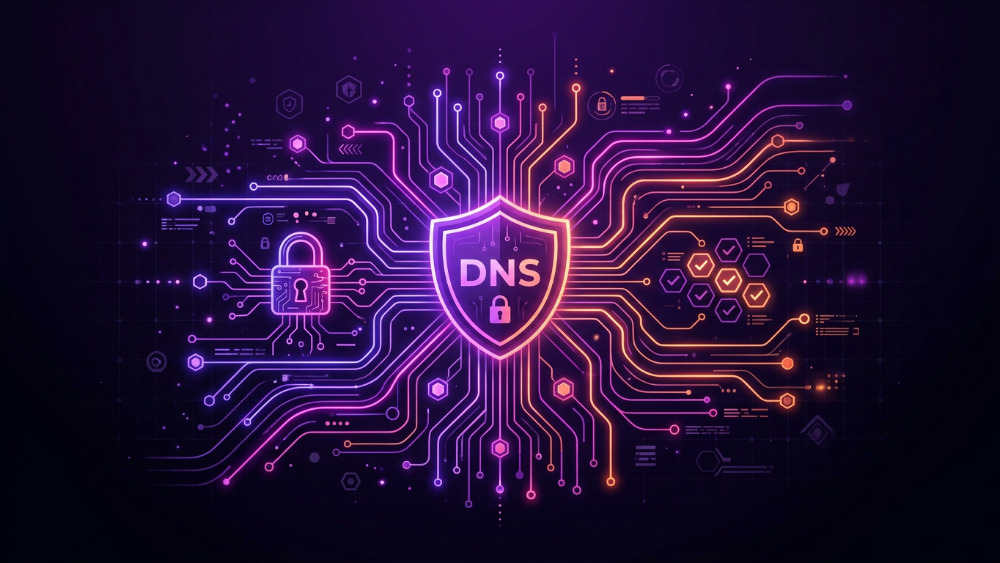 DNS security shield with network nodes and circuit paths representing DNS infrastructure protection