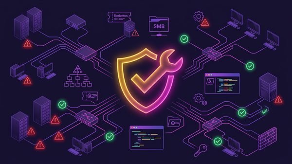 Internal network penetration testing remediation visualization showing servers, domain controllers, and security fixes